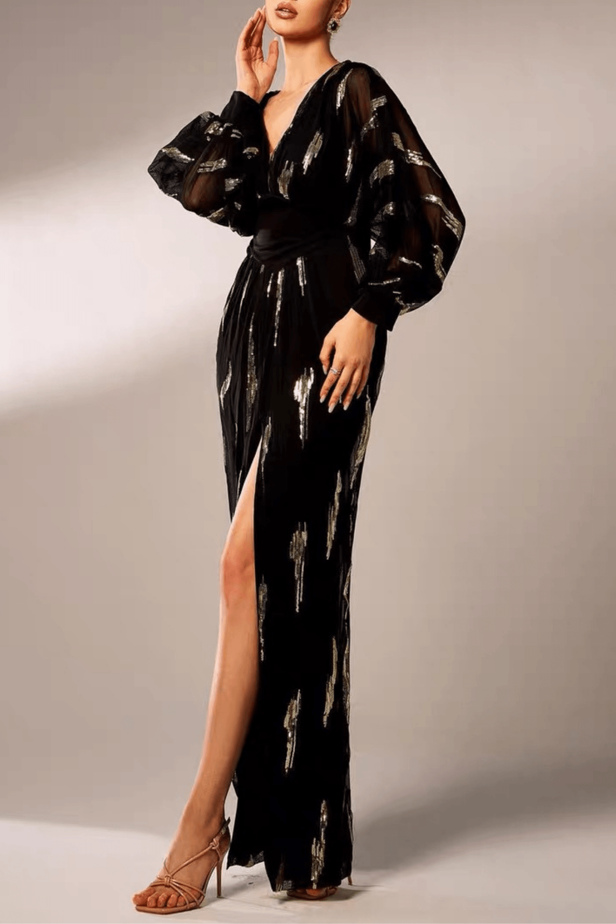 Black Gold Sequin V-Neck Dress