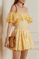 Off Shoulder Embroidered Mini Ruffle A Line Party Dress