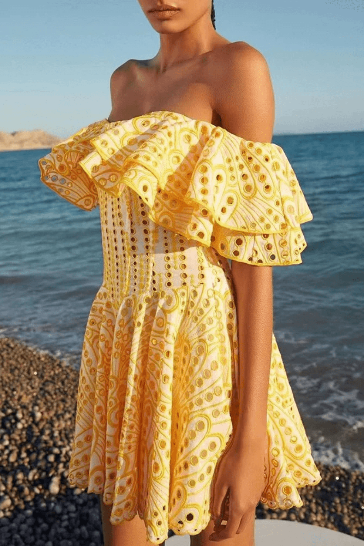 Off Shoulder Embroidered Mini Ruffle A Line Party Dress