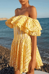Off Shoulder Embroidered Mini Ruffle A Line Party Dress