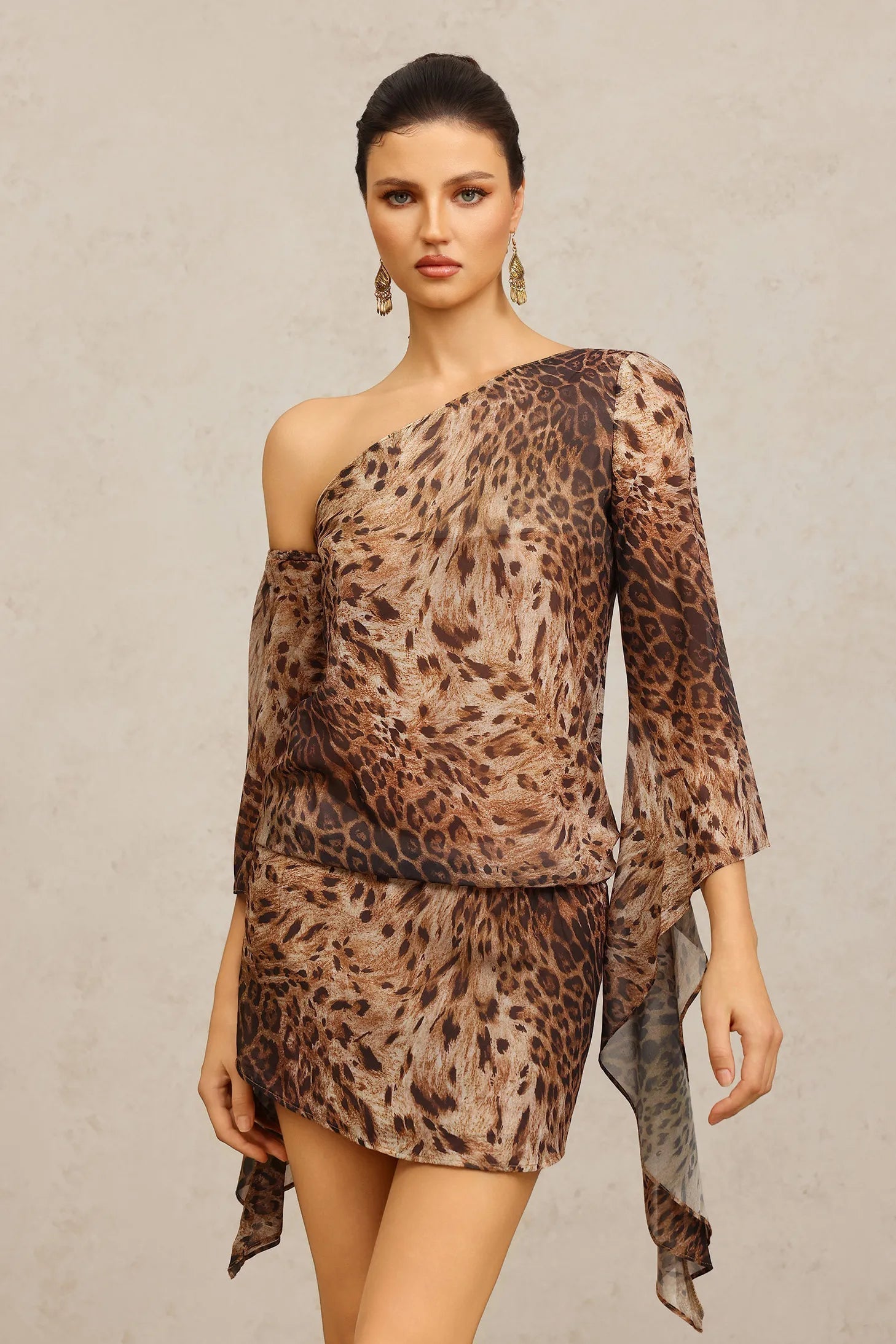Long Sleeves Print Mini Dress in Brown