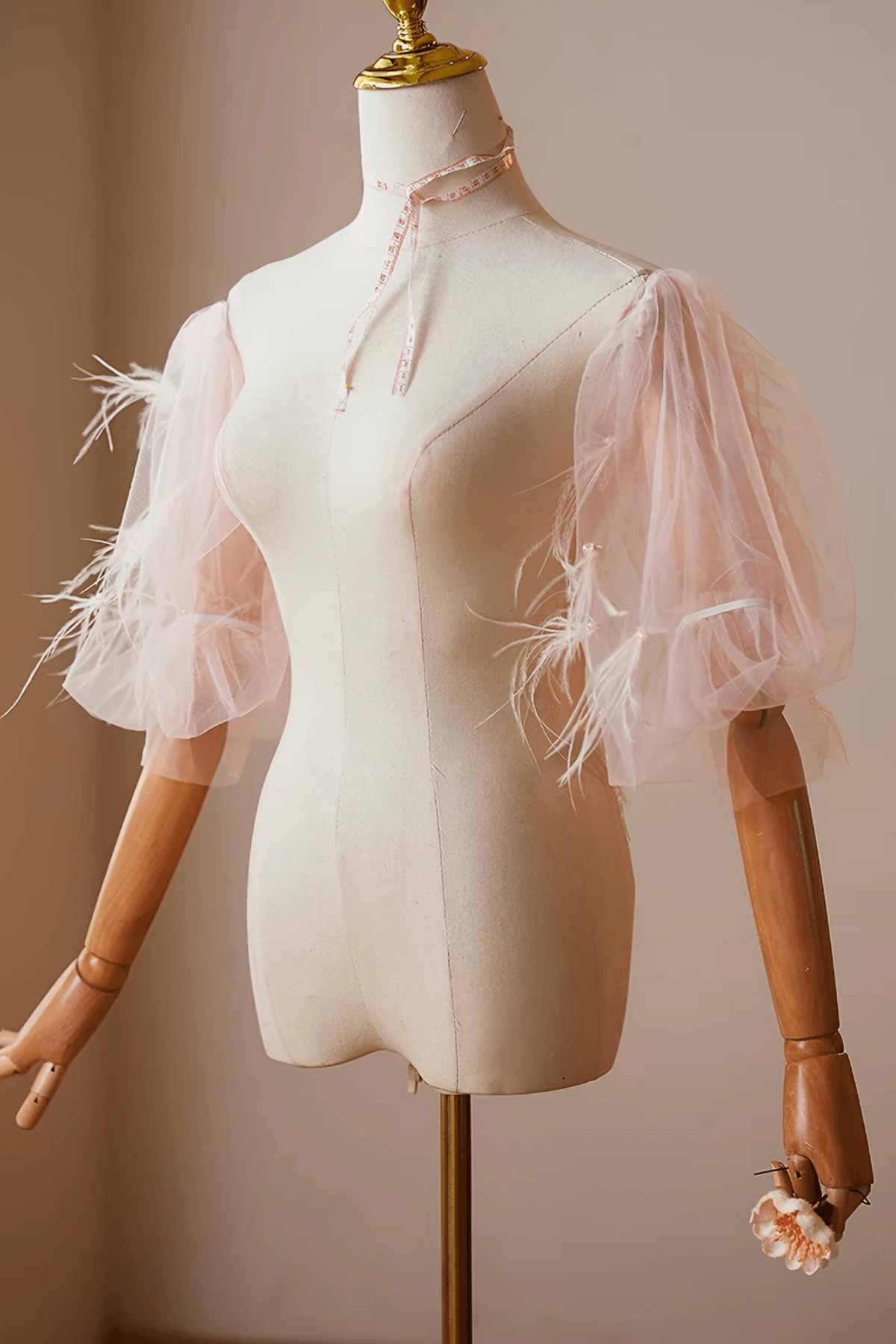 Pink Feather Detachable Puff Sleeves