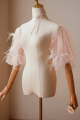 Pink Feather Detachable Puff Sleeves
