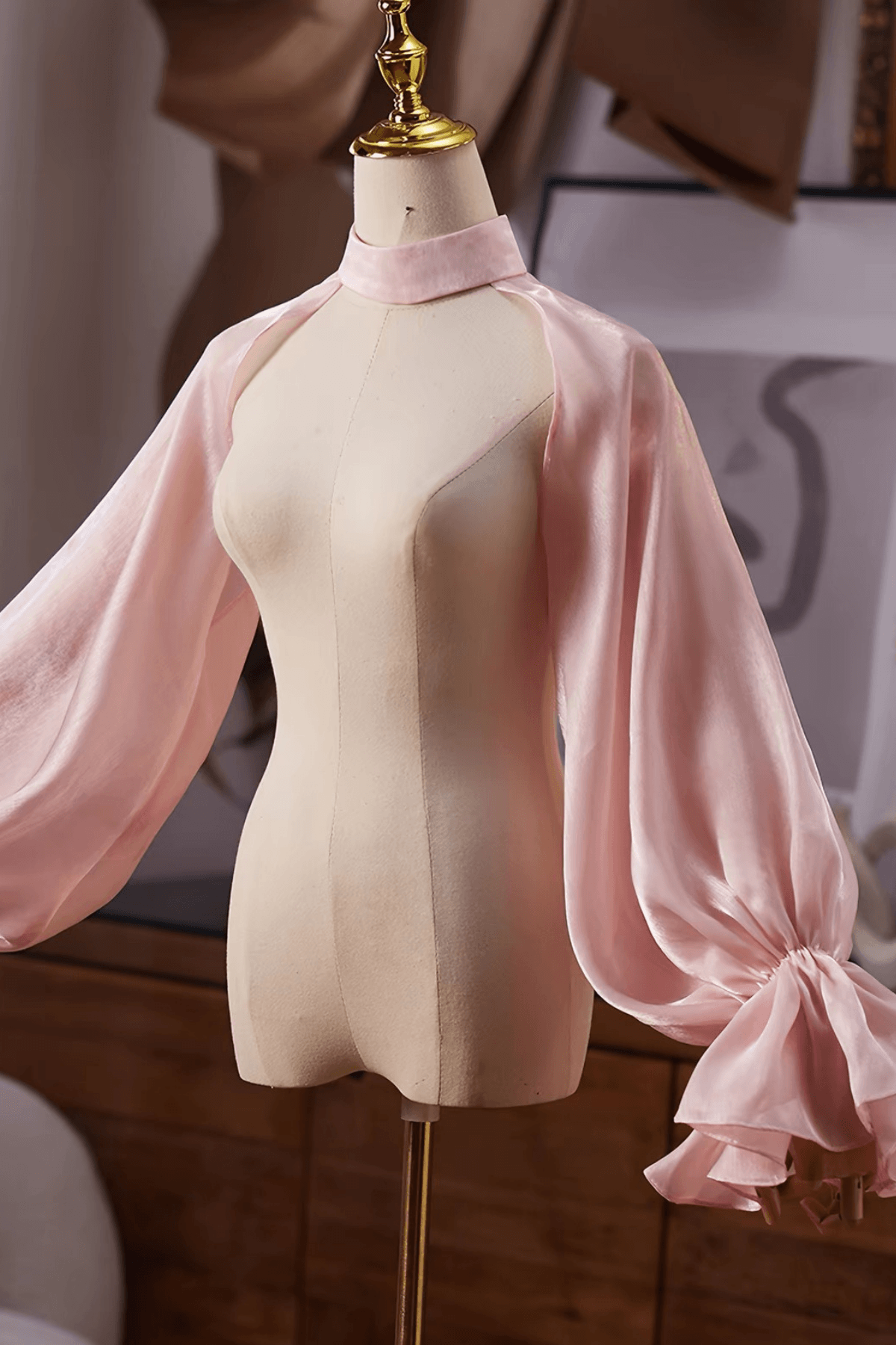 Pink Satin Halter Cold Shoulder Long Sleeves