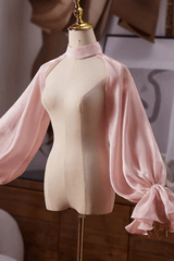 Pink Satin Halter Cold Shoulder Long Sleeves