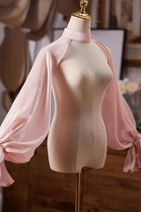 Pink Satin Halter Cold Shoulder Long Sleeves