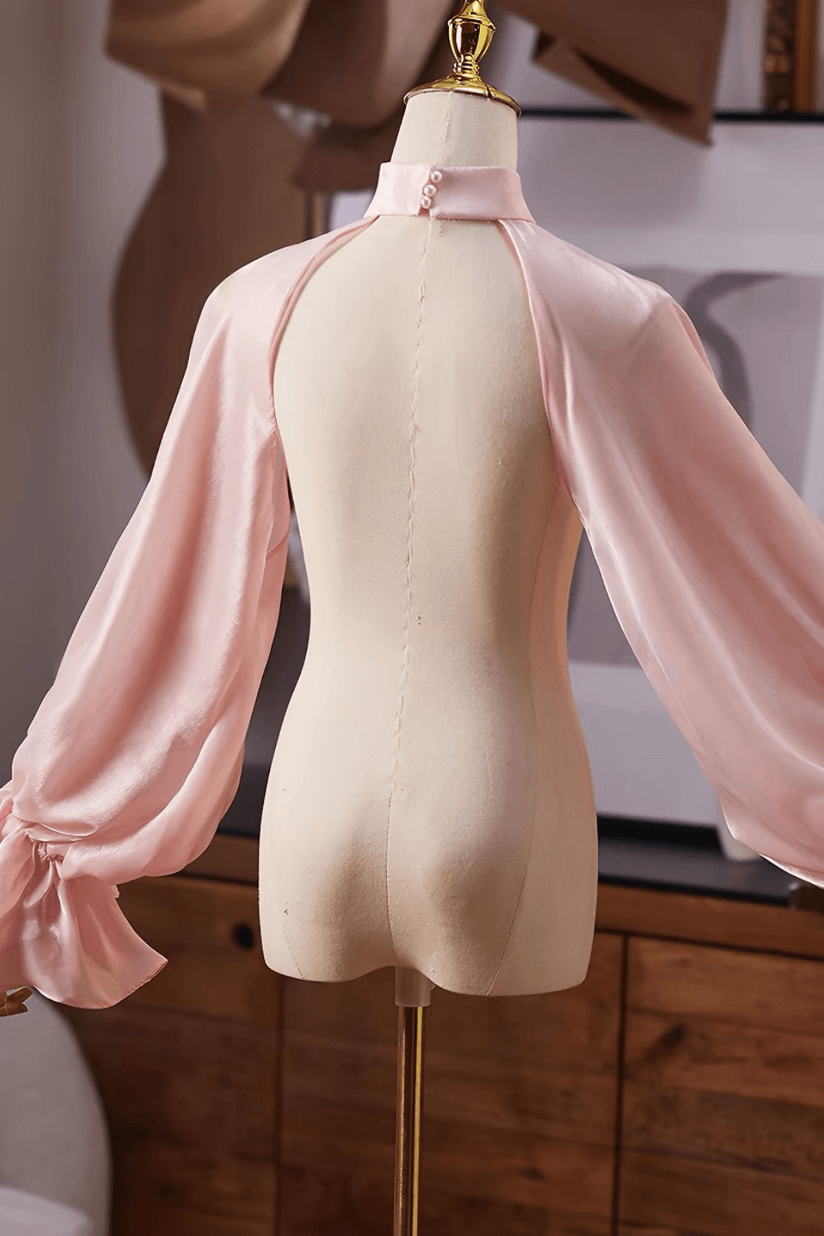 Pink Satin Halter Cold Shoulder Long Sleeves