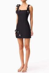 3D Flower Diamond Embellished Mini Dress in Black
