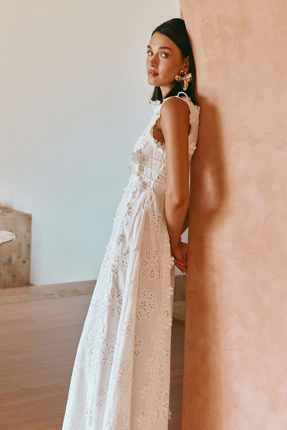 Lace Trim Embroidery Hollow Midi Dress in White