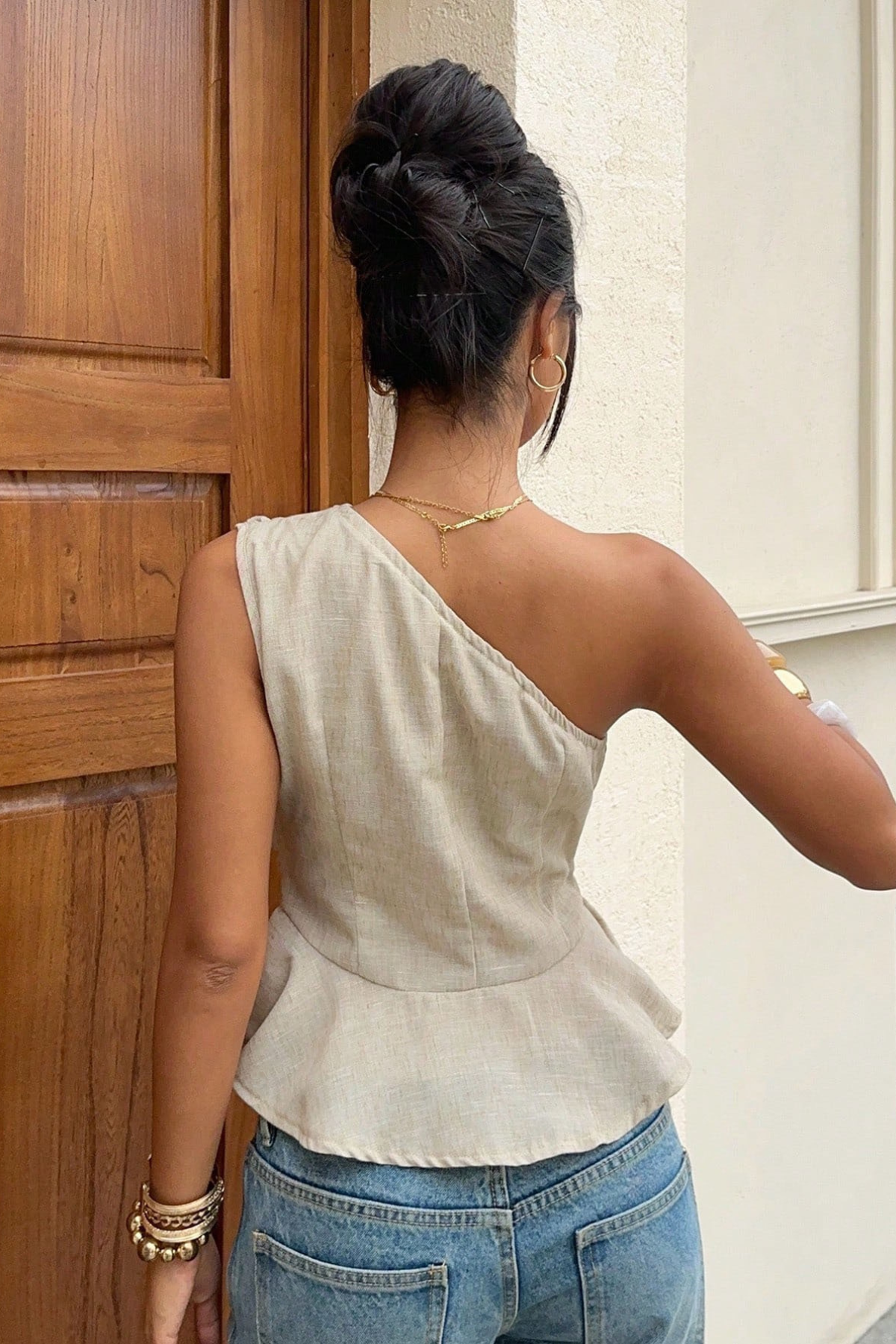 Blair One Shoulder Ruched Waist Peplum Linen Blend Tank Top