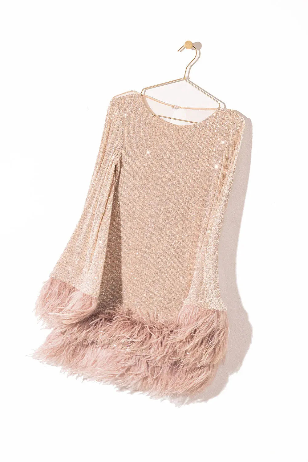 Pink Sequin Feather Trim Backless Mini Dress
