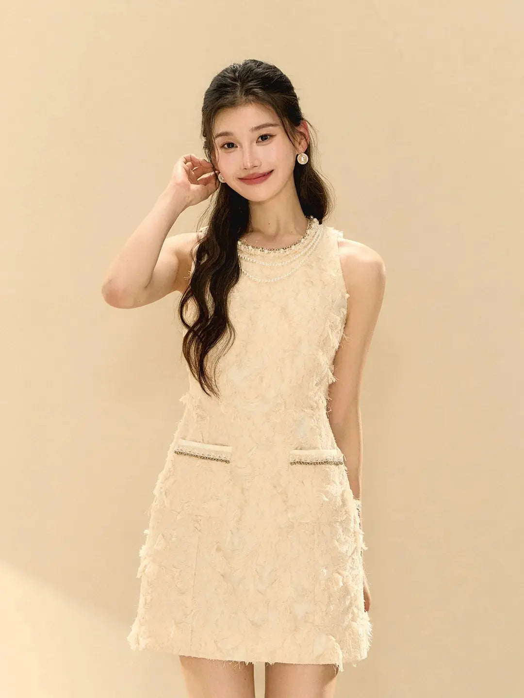 Feathery Sleeveless A-line Mini Dress in Beige