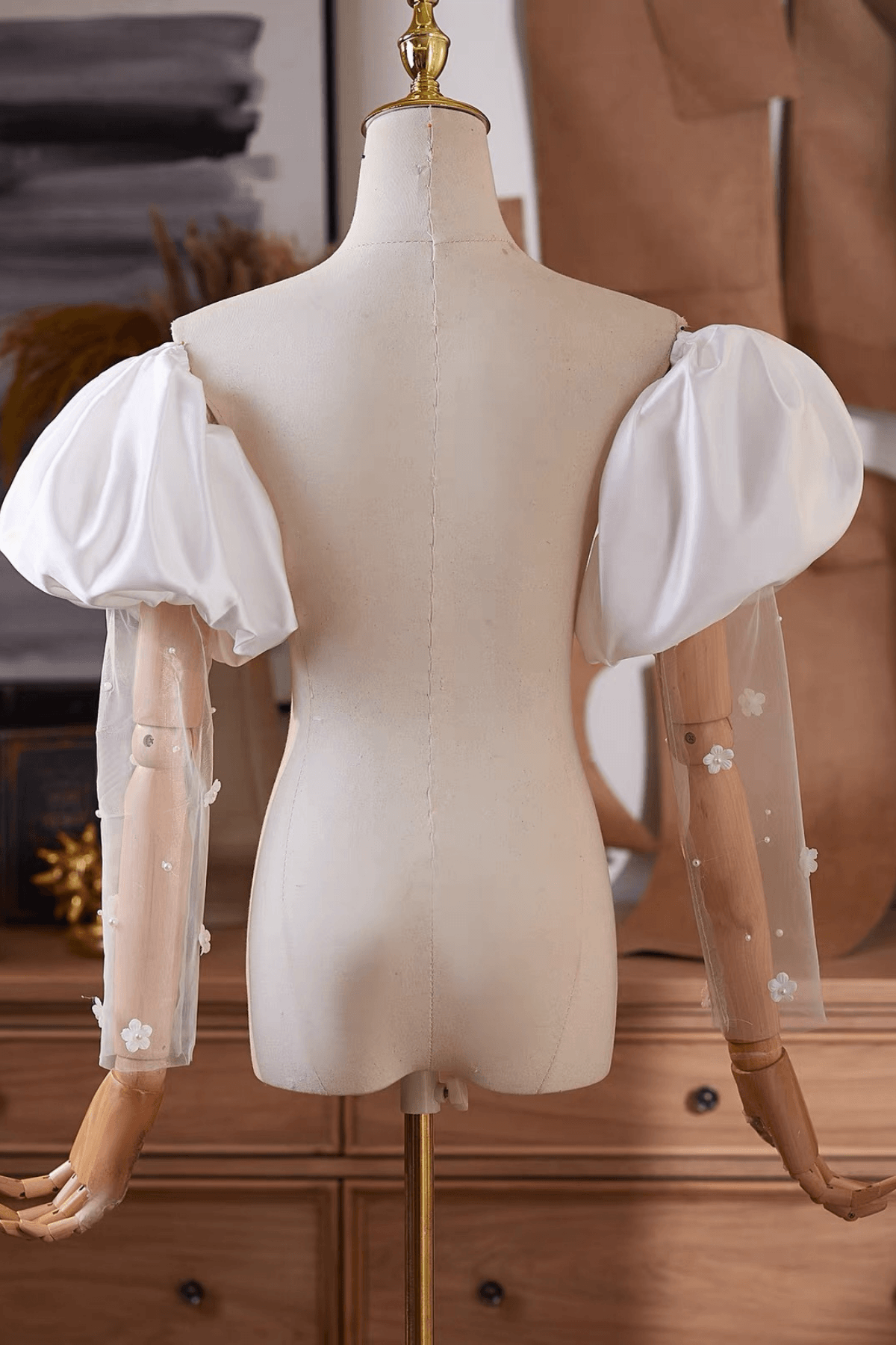 White Satin Puff Detachable Sleeves