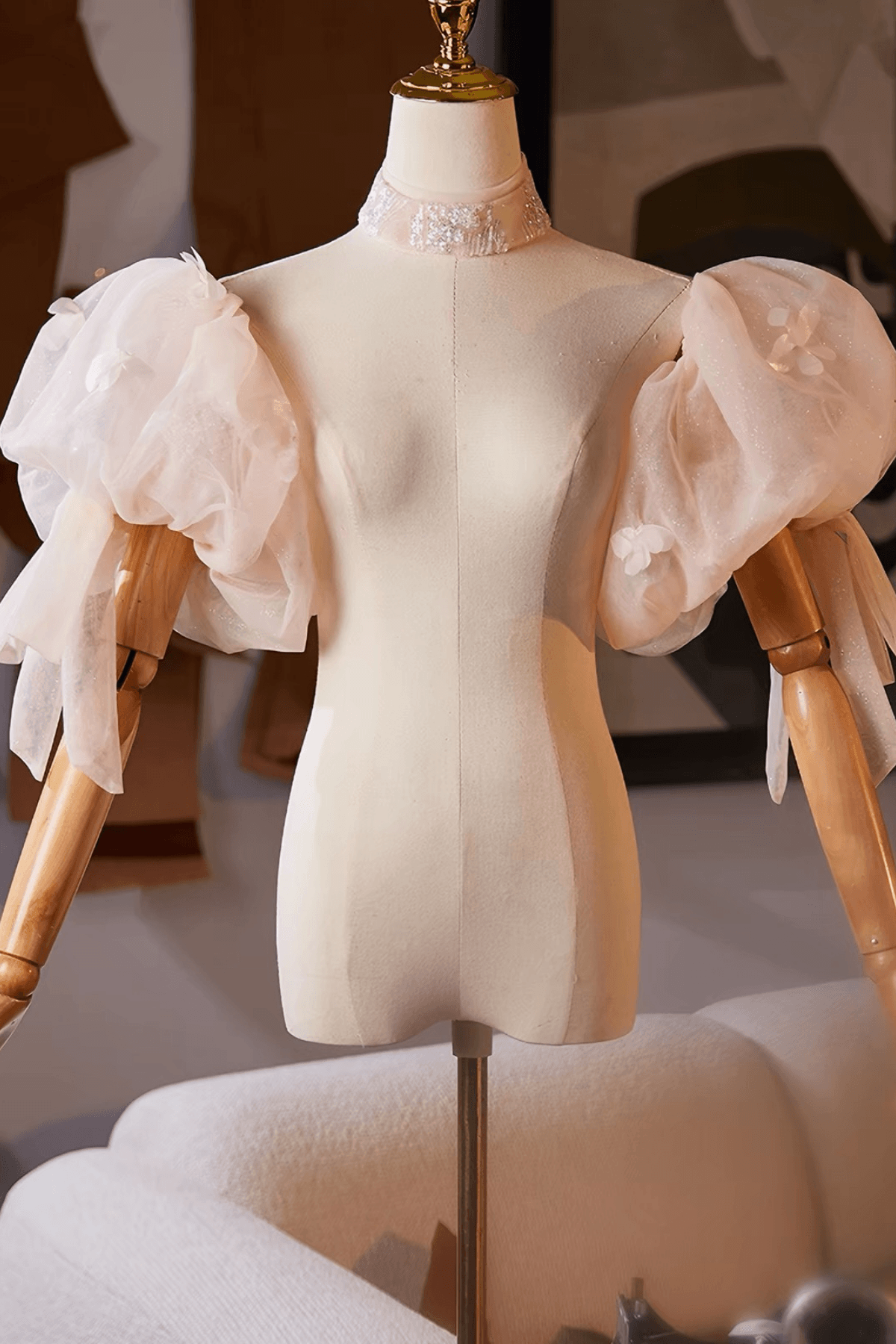 Champagne Floral Detachable Puff Sleeves