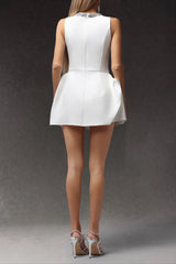 Round Neck Diamond Sleeveless Mini Dress in White