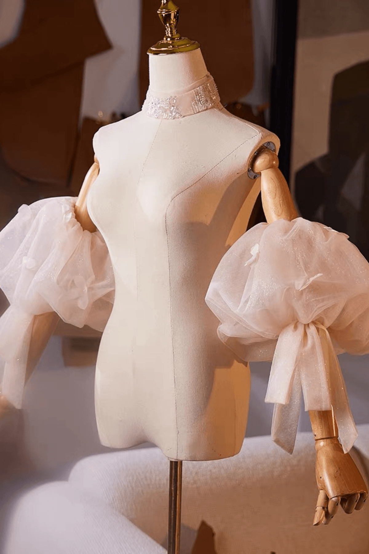 Champagne Floral Detachable Puff Sleeves