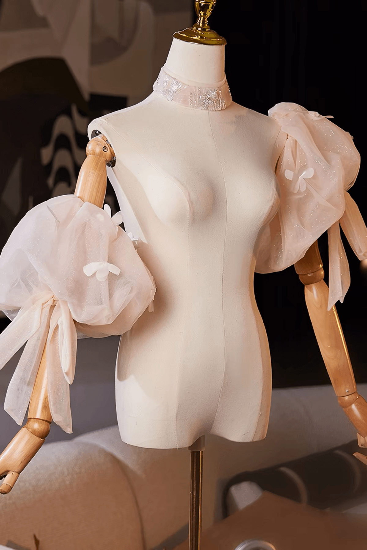 Champagne Floral Detachable Puff Sleeves