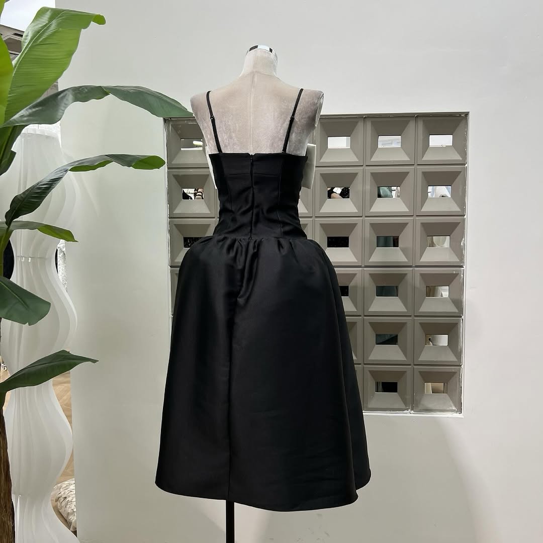 Bow-Detail Taffeta Midi Dress in Black