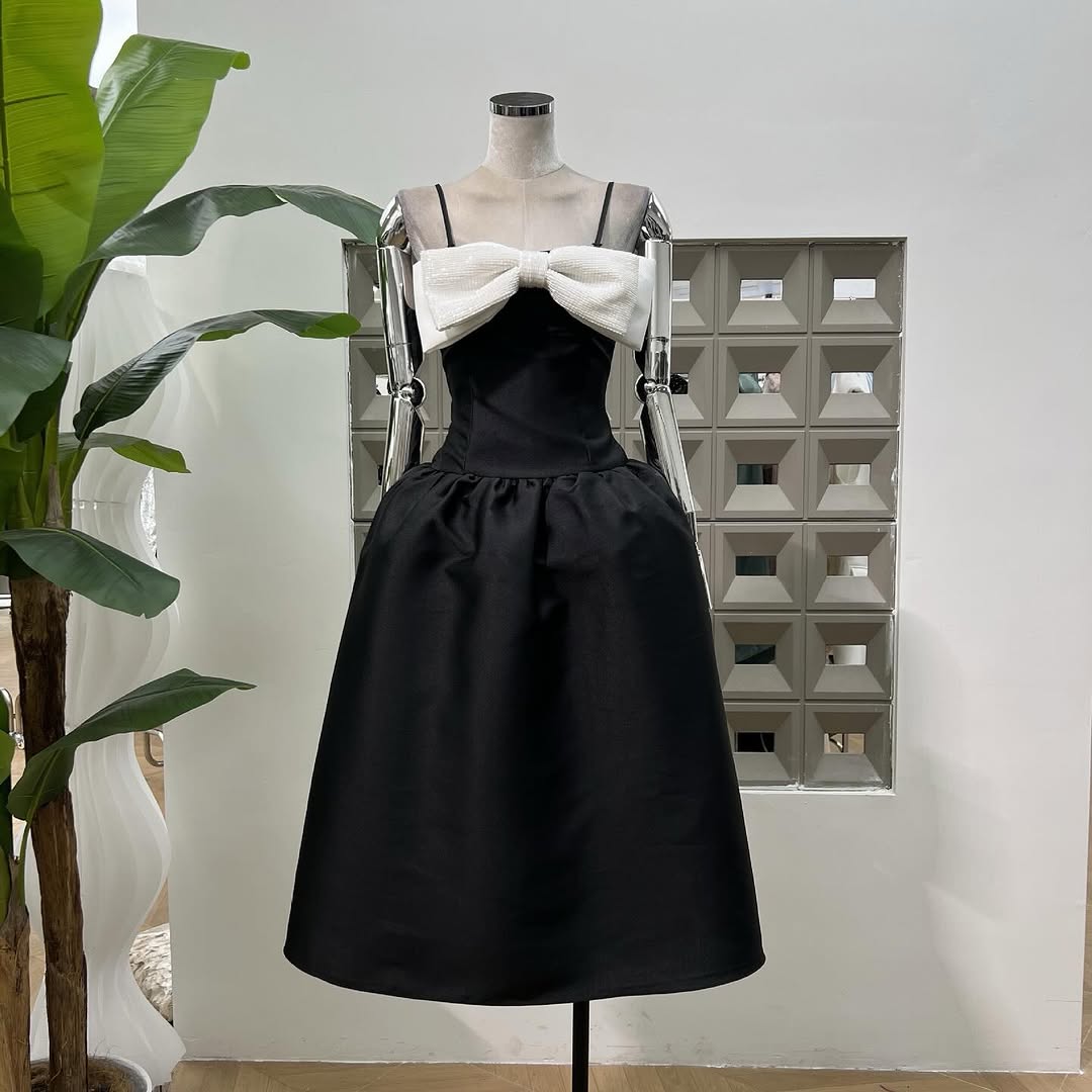 Bow-Detail Taffeta Midi Dress in Black