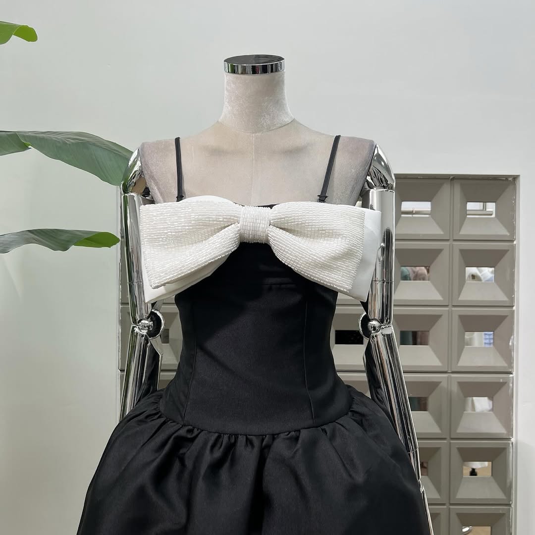 Bow-Detail Taffeta Midi Dress in Black