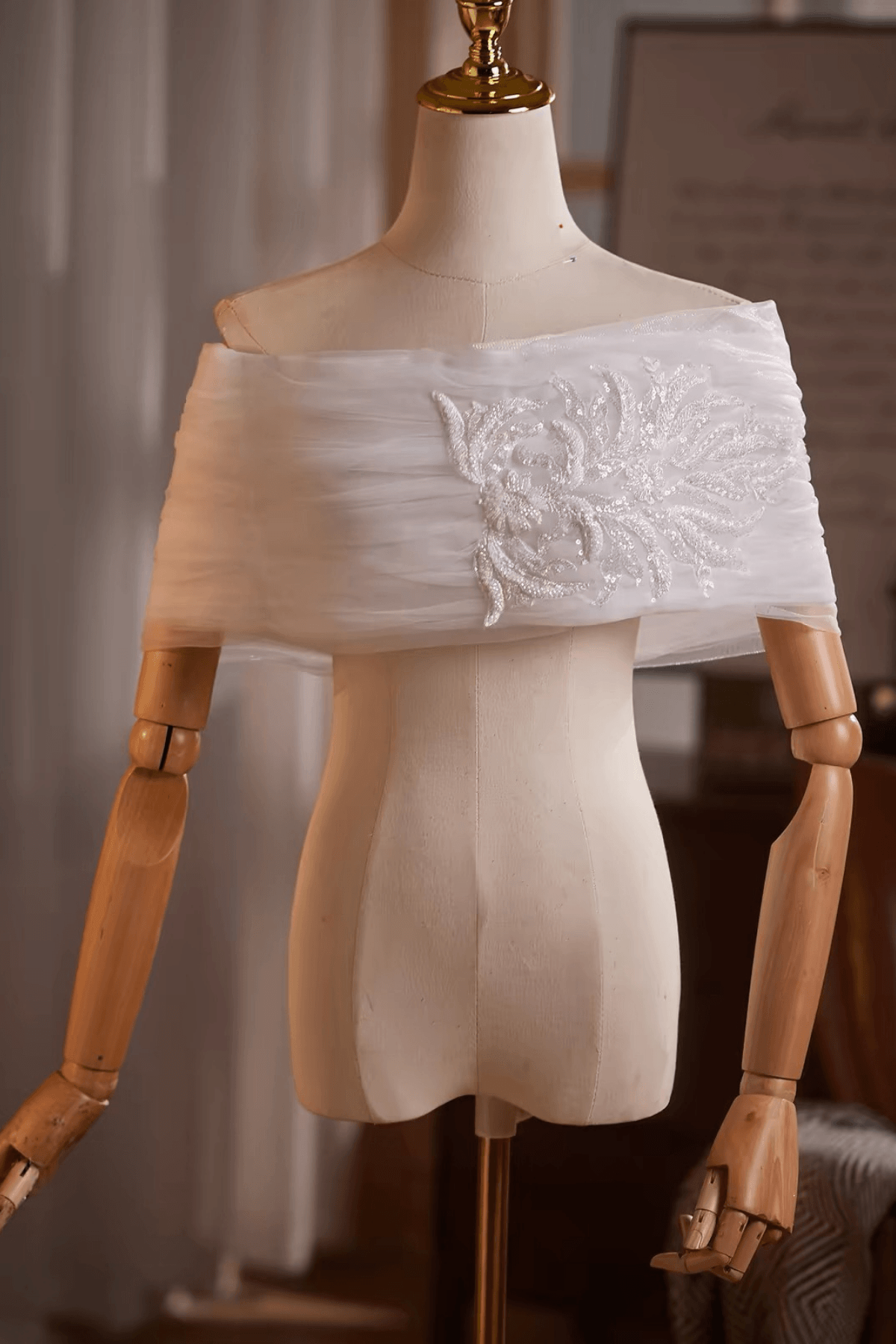 White Sheer Off Shoulder Embroidery Shawl
