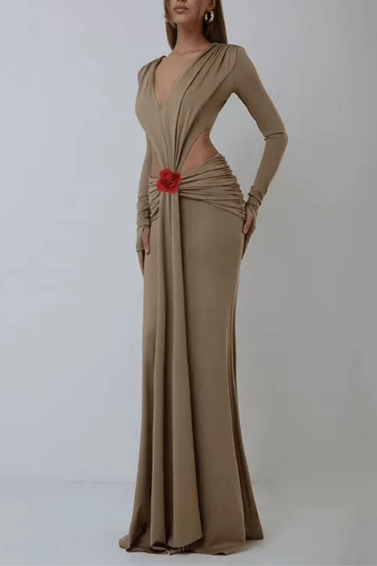 Long Sleeve Cutout Waist Floral Accent Maxi Dress