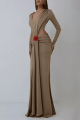 Long Sleeve Cutout Waist Floral Accent Maxi Dress