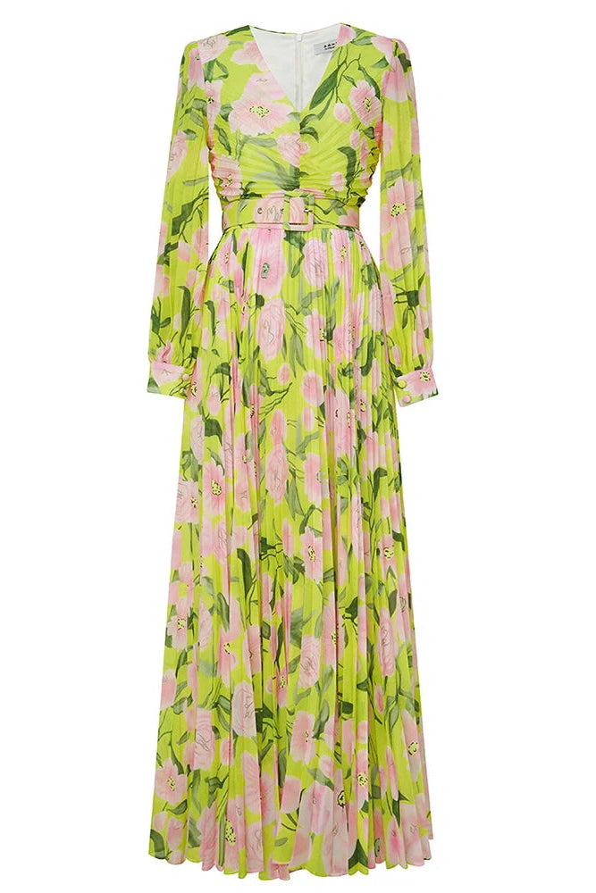 V-Neck Silk Printed Maxi Dress in Yellow