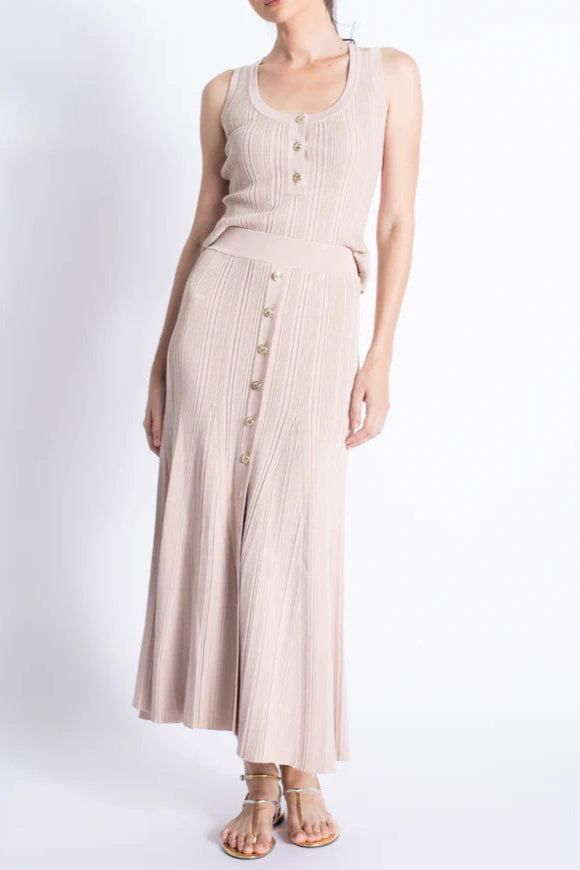 Sleeveless Knitted Dress Top Skirt Set in Apricot