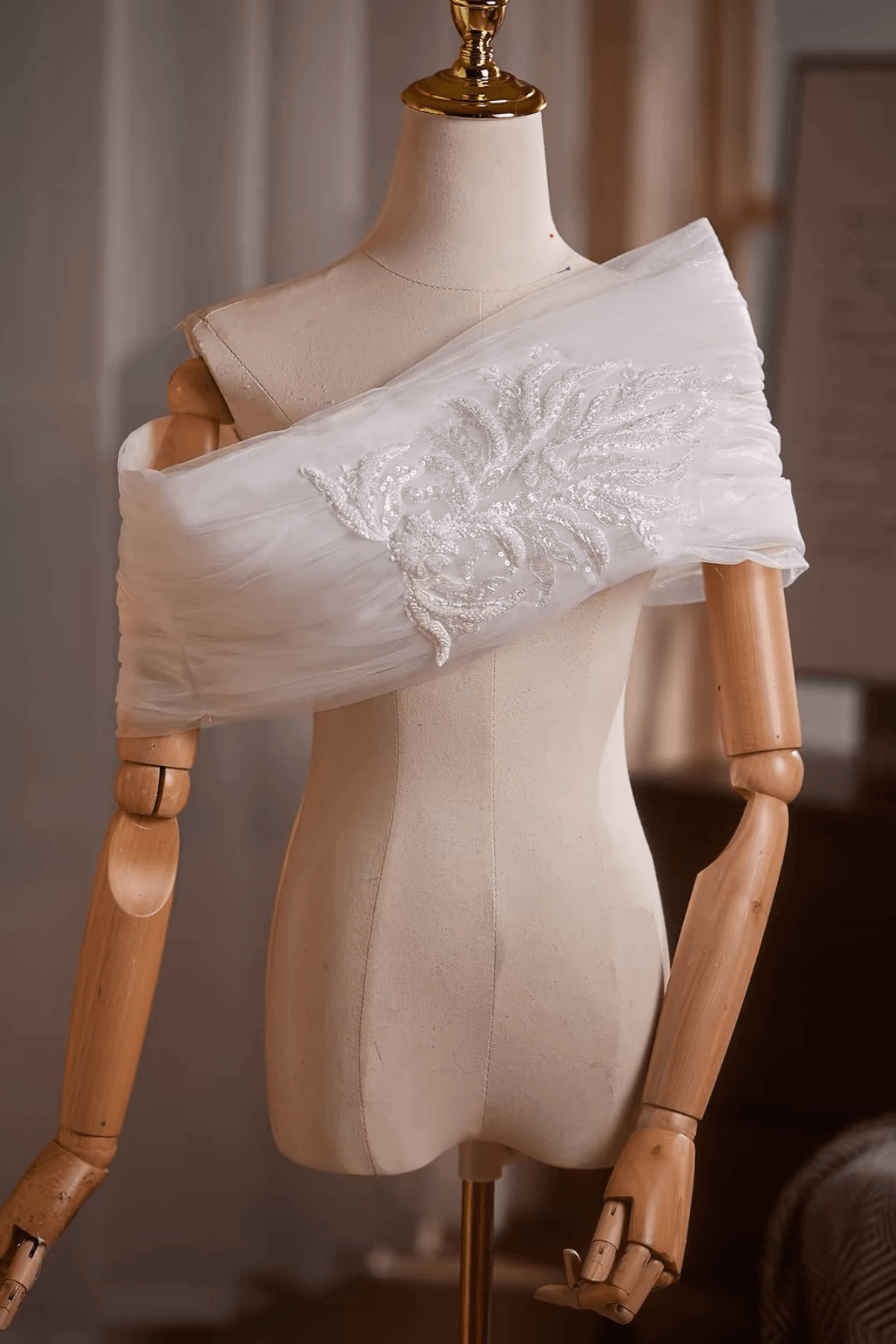 White Sheer Off Shoulder Embroidery Shawl