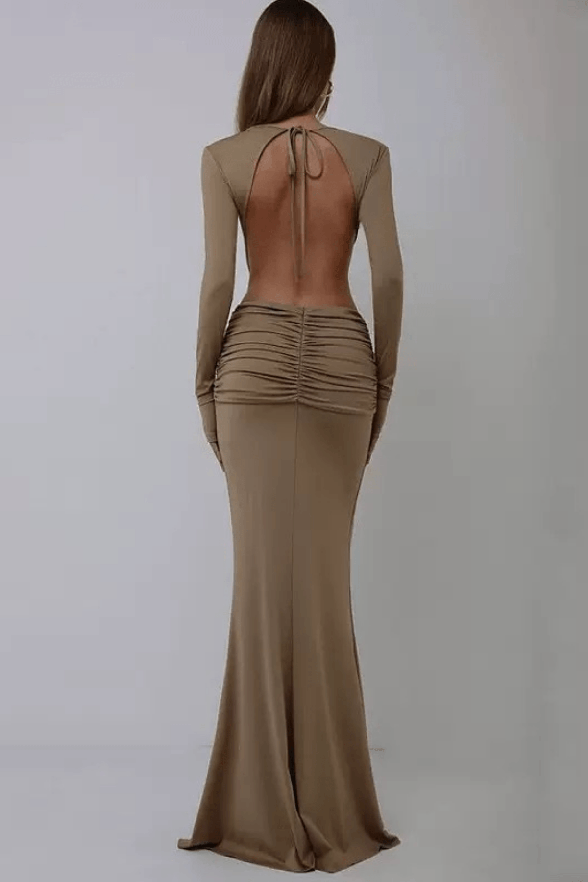 Long Sleeve Cutout Waist Floral Accent Maxi Dress