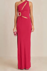 One-Shoulder Cutout Side Maxi Dress In Magenta
