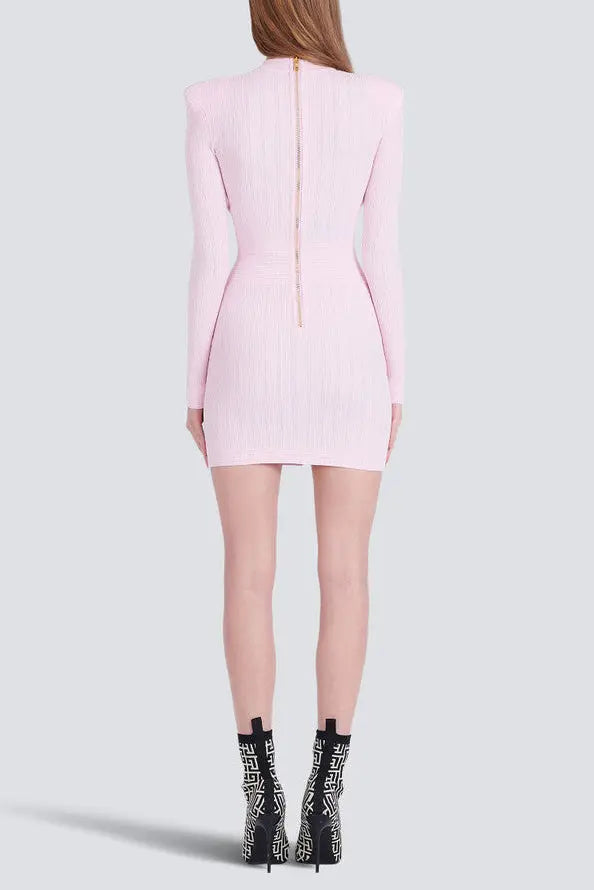 V-Neck Button-Detail Ribbed Mini Dress in Pink