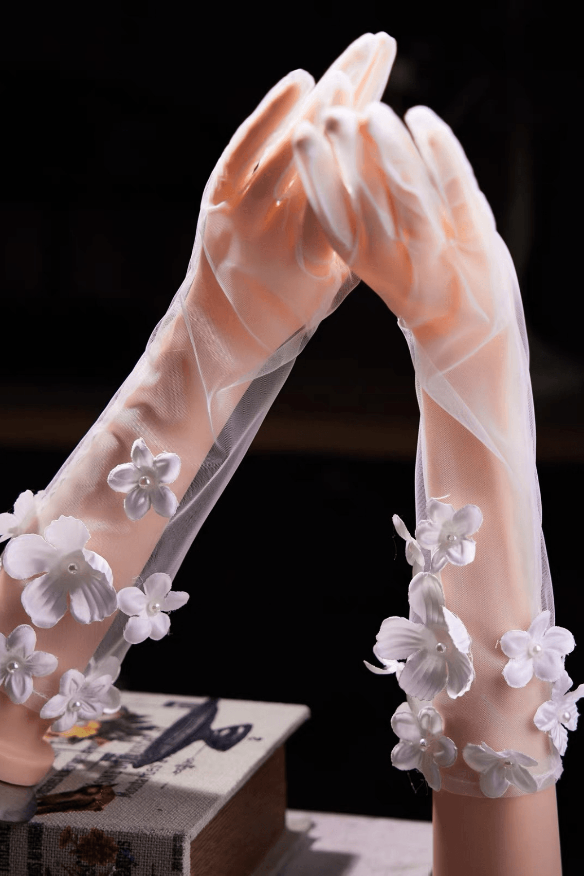 3D Flower Decor Sheer Long Gloves