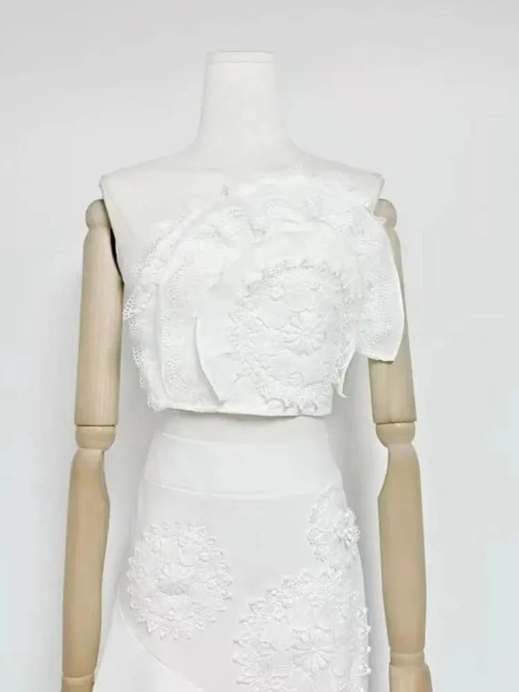 Ruffled Top Floral Embroidered Skirt Set - White