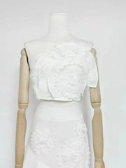 Ruffled Top Floral Embroidered Skirt Set - White