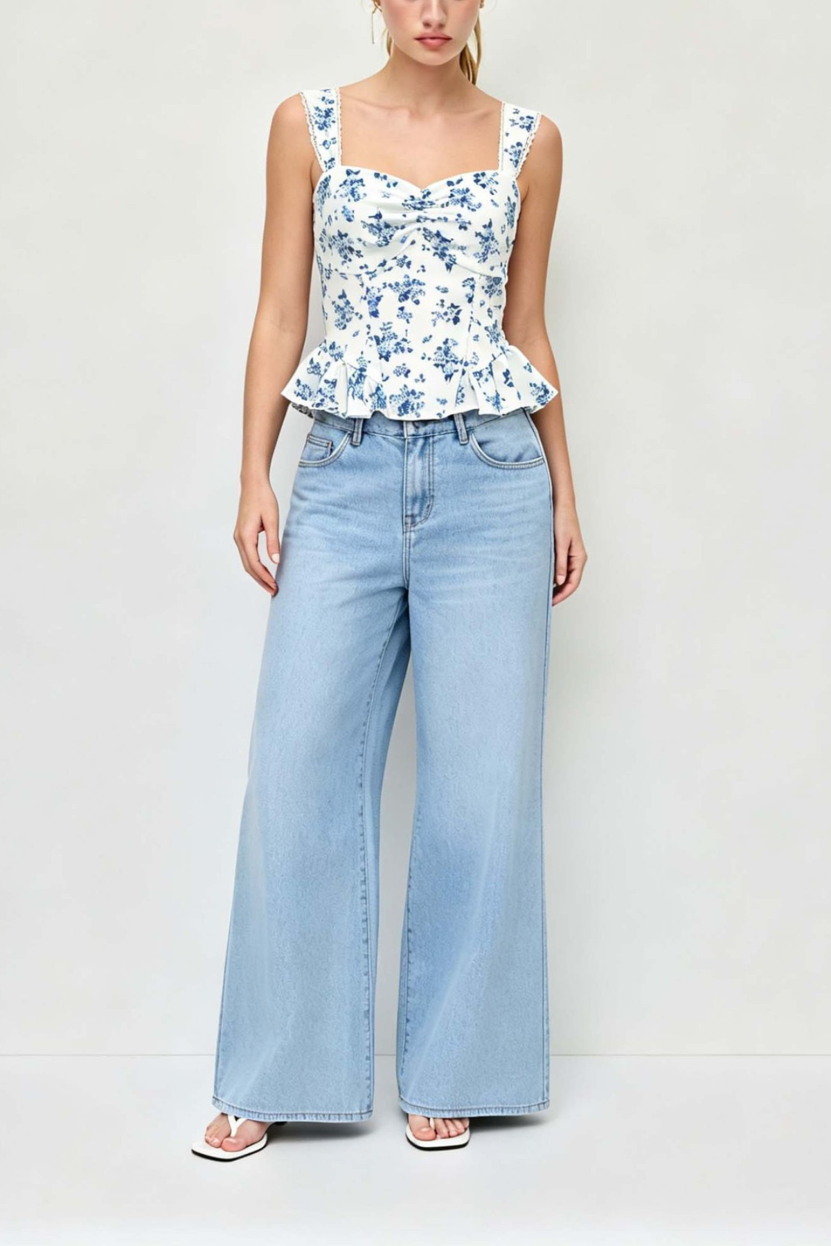 Blue Floral Lace Strap Twist Bust Peplum Corset Cami Top