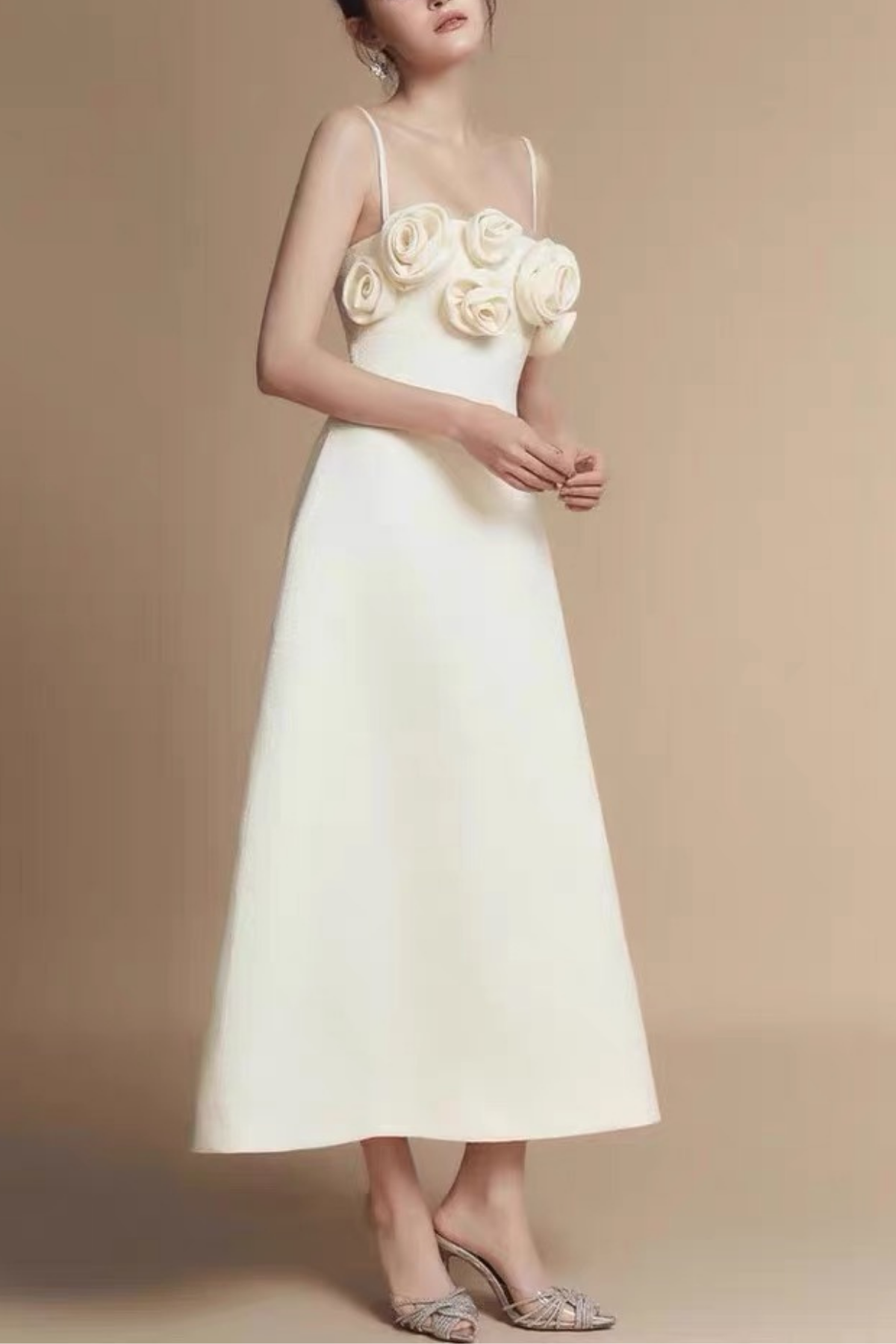 3D Floral Strap White Midi Dress