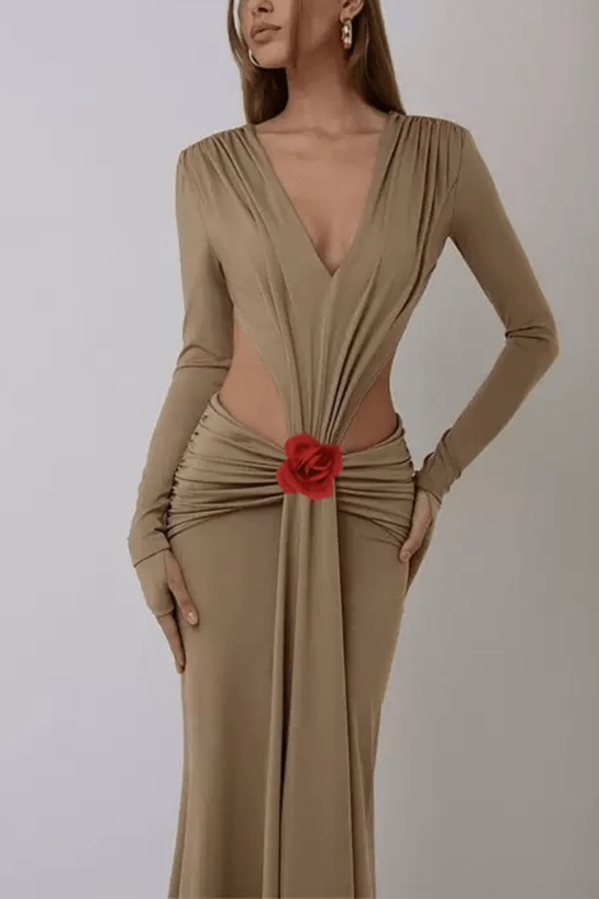 Long Sleeve Cutout Waist Floral Accent Maxi Dress