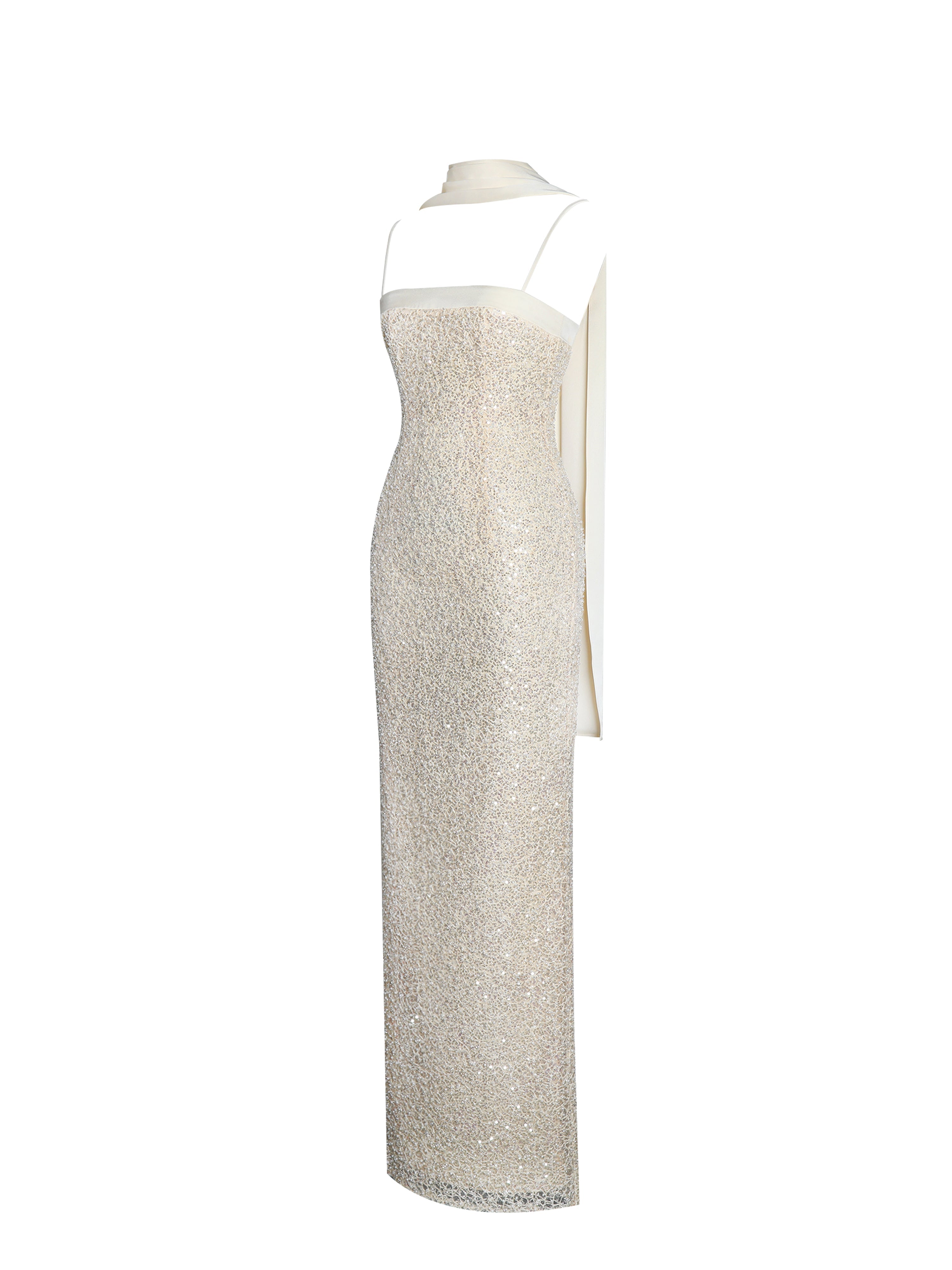 Gold Sequin Bodycon Gown with Scarf