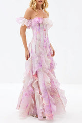 Floral Frill Off-Shoulder Maxi Dress in Pink