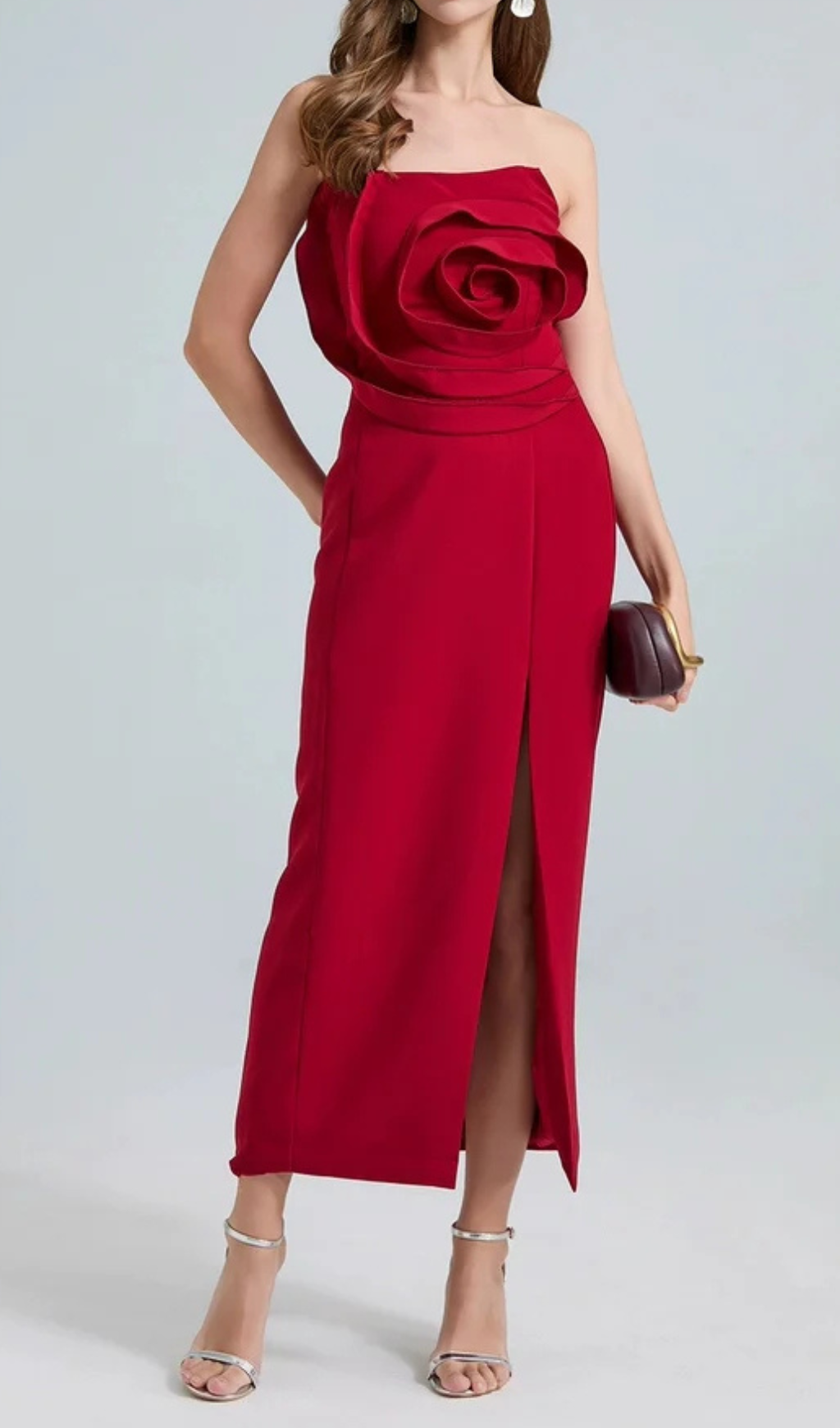 3D Flower Midi Dress in Red