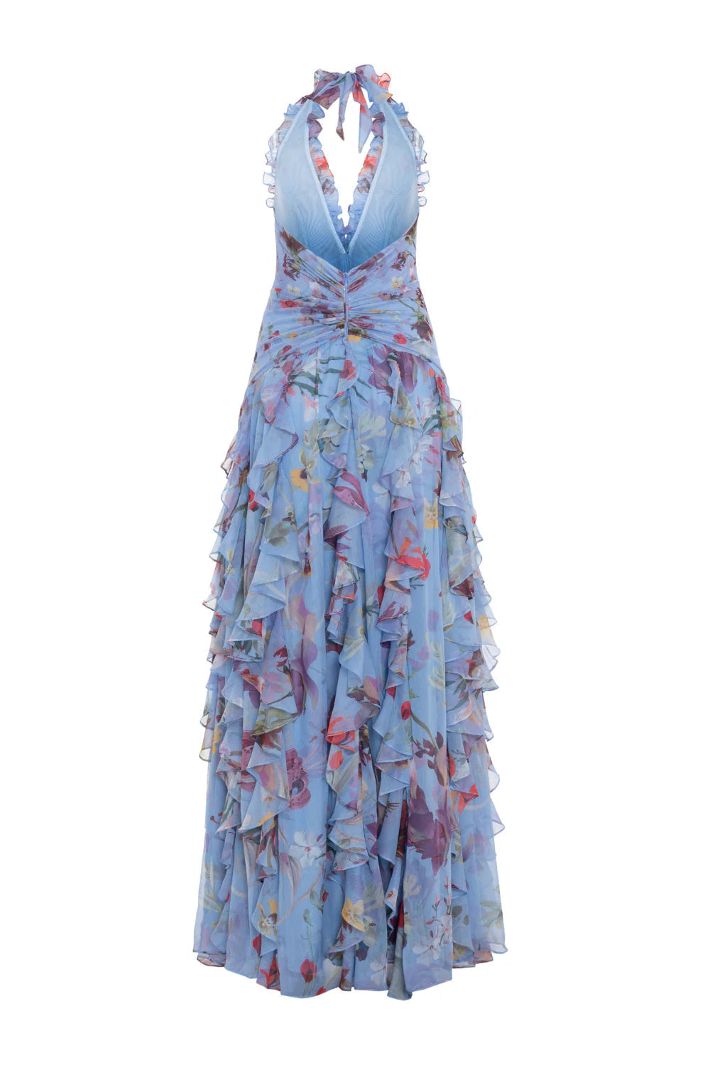 Floral Halter Ruffle Maxi Dress in Blue