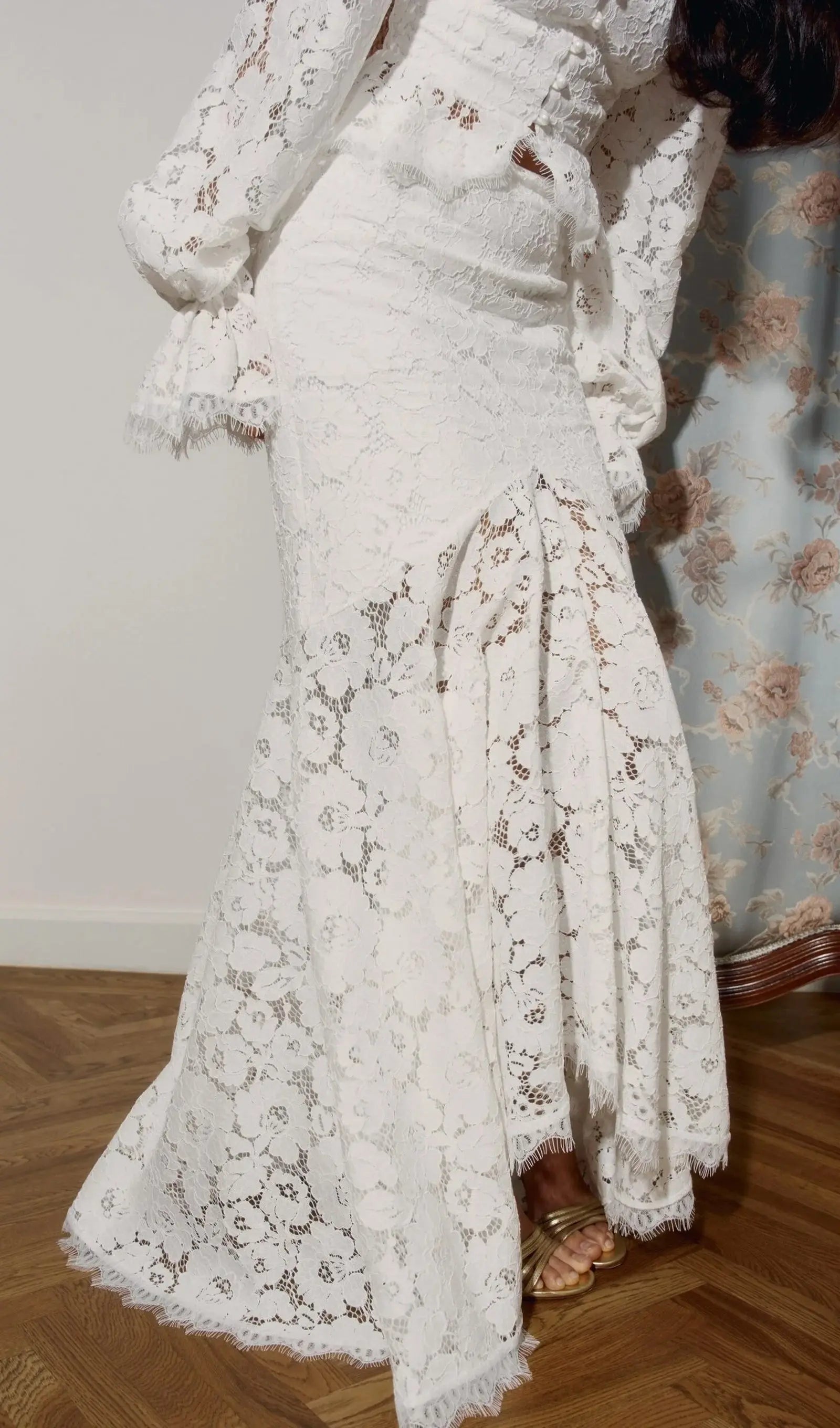 Lace Trimmed Puff Sleeved Top & Skirt Set in white