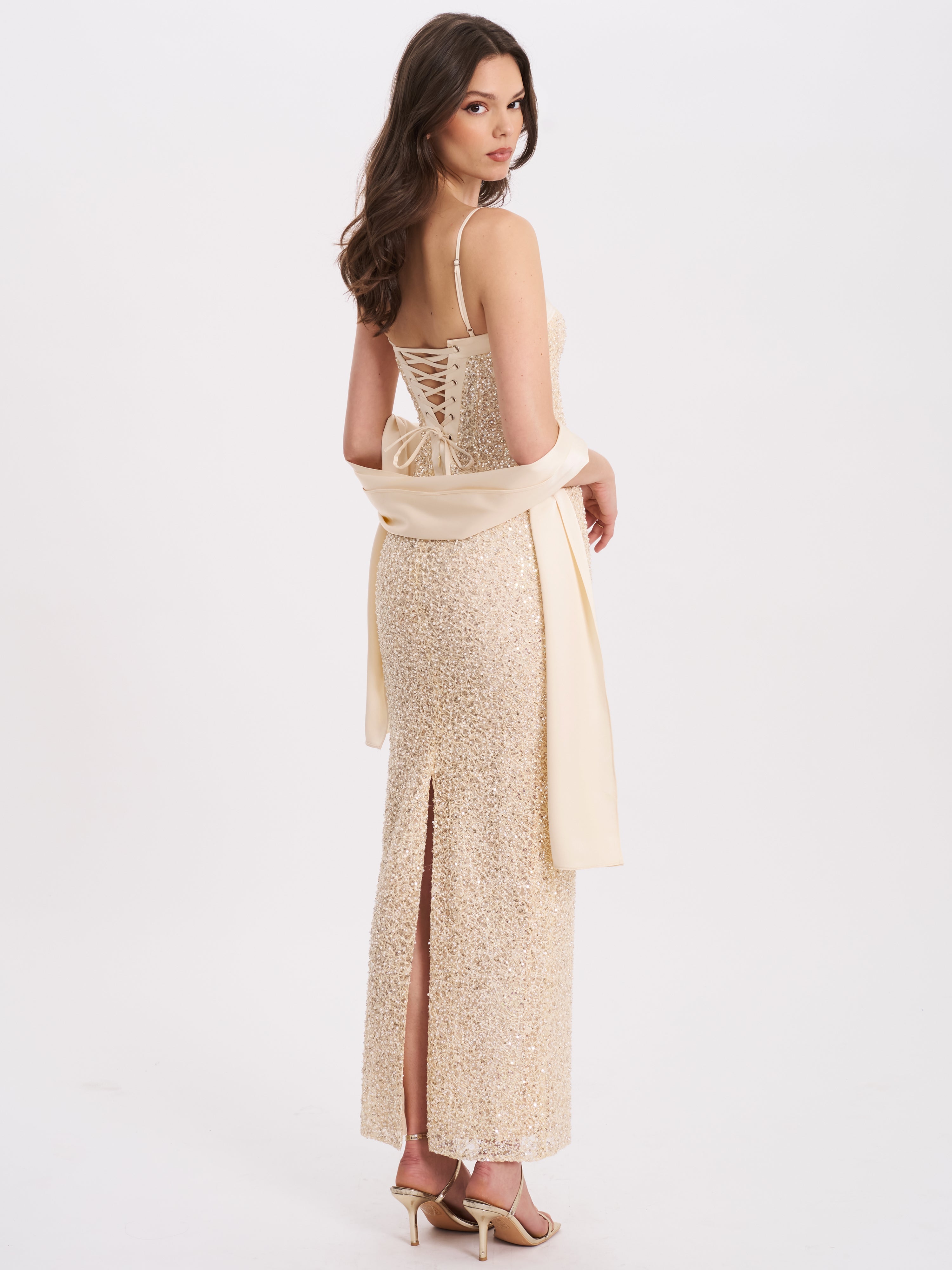 Gold Sequin Bodycon Gown with Scarf