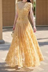 Lace Flower Embellished Maxi Dress in Yellow