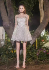 Beige Square Collar Sleeveless Lace Cocktail Dress