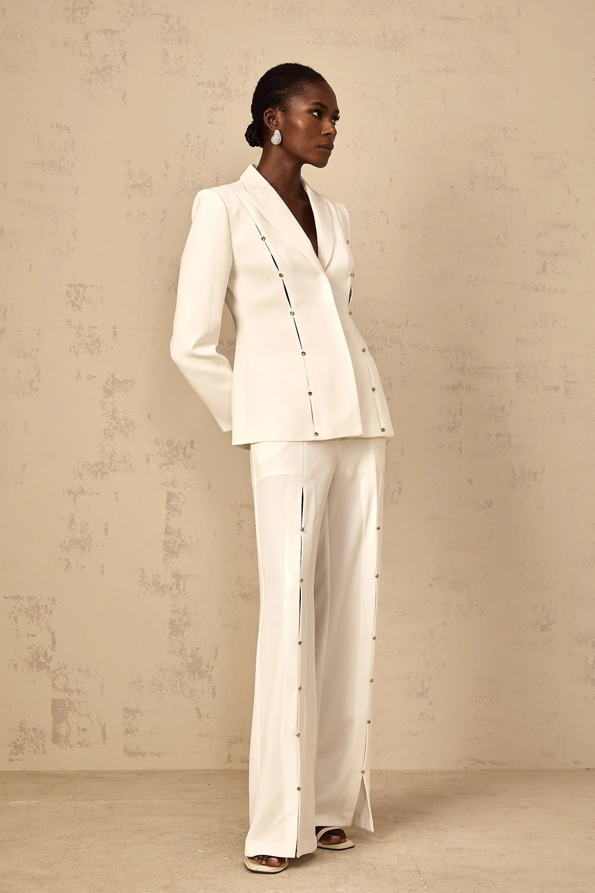 Diamond Hollow Out Blazer Set in White