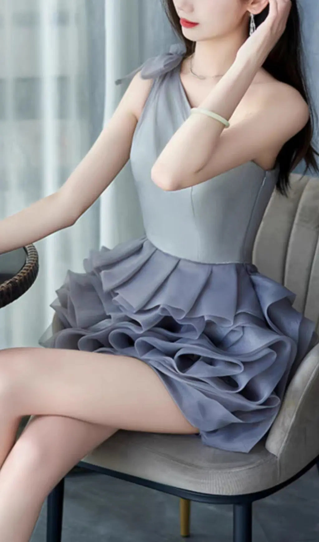 One Shoulder Mesh Mini Dress in Grey