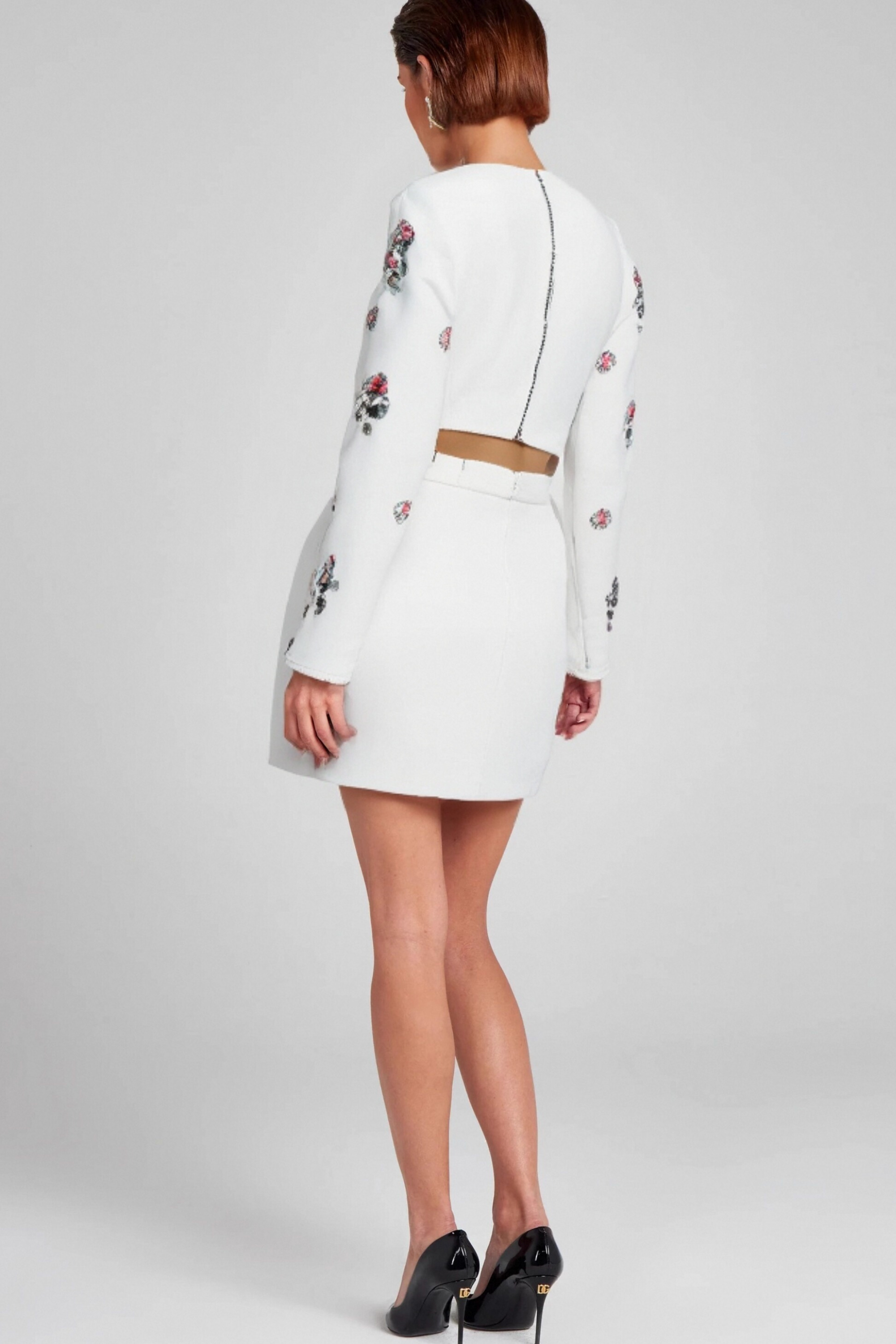White Rhinestone Embellished Skirt Set